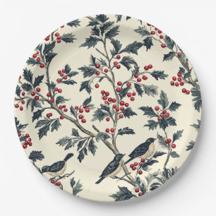 Elegant Songbird Winter Holly Cream Red Pattern Paper Plate