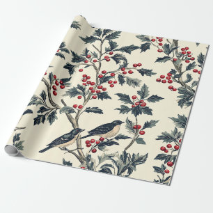 Elegant Songbird Winter Holly Cream Red Pattern Wrapping Paper