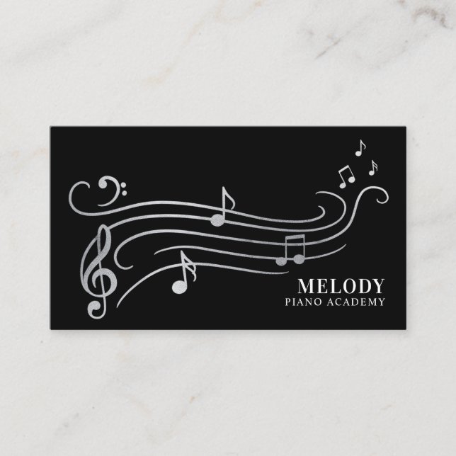 Elegant & Sophisticate Silver & Black Piano Music Business Card (Front)