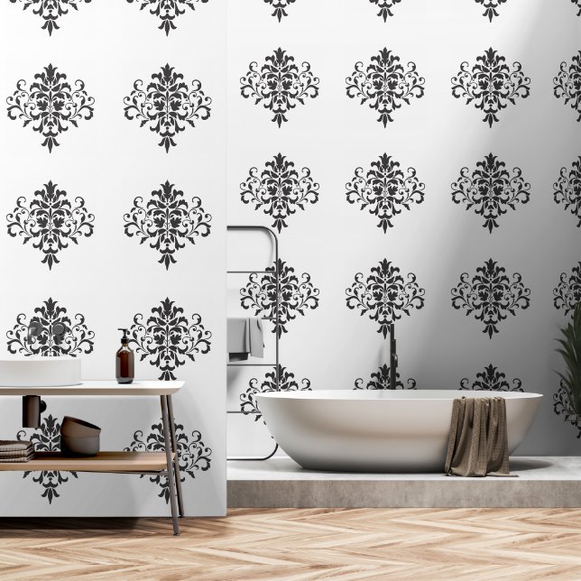 Elegant, Sophisticated Black and White Damask Wallpaper (Bathroom)