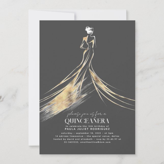 Elegant Sophisticated Gold and Grey QUINCEAÑERA Invitation (Front)