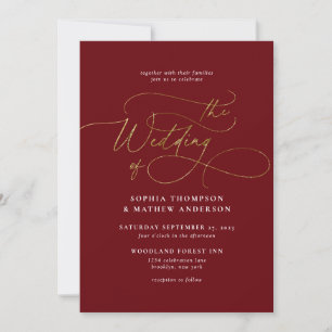 Elegant Sophisticated Script Burgundy Gold Wedding Invitation