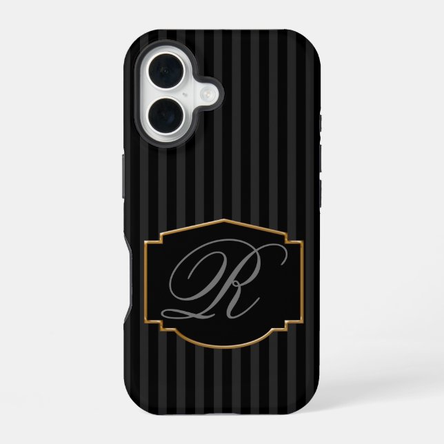 Elegant, Sophisticated Striped Monogram iPhone 16 Case (Back)
