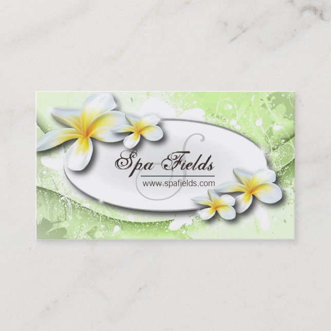 Elegant Spa Business Card Green White Plumeria (Front)