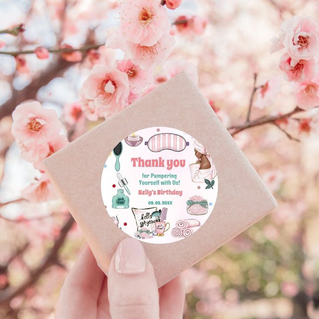 Elegant Spa Pamper Birthday Party Thank you Classic Round Sticker (Creator Uploaded)
