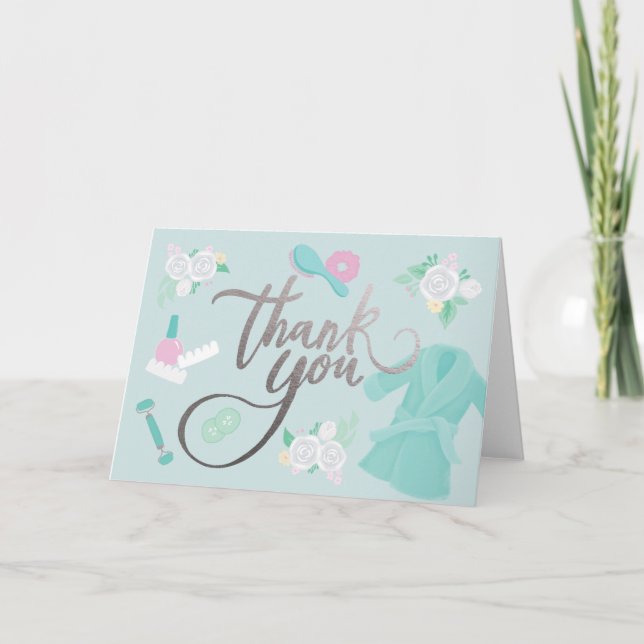 Elegant Spa-themed Thank You faux-silver/blue Card (Front)