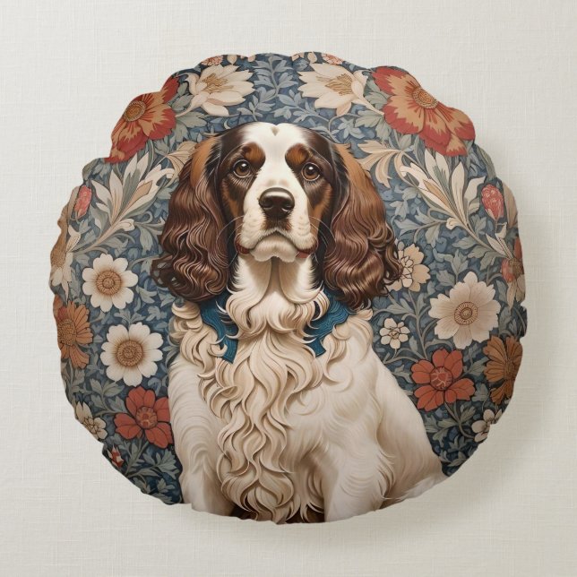 Elegant Spaniel William Morris Inspired Floral Round Cushion (Front)