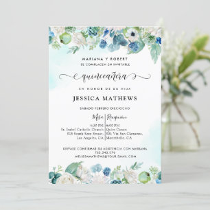 Elegant Spanish Aqua Turquoise Quinceañera Floral  Invitation