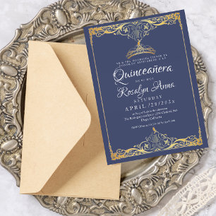 Elegant Spanish Mis Quince Navy Blue Gold Photo Invitation
