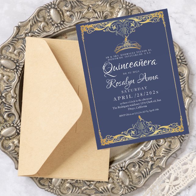 Elegant Spanish Mis Quince Navy Blue Gold Photo Invitation (Creator Uploaded)