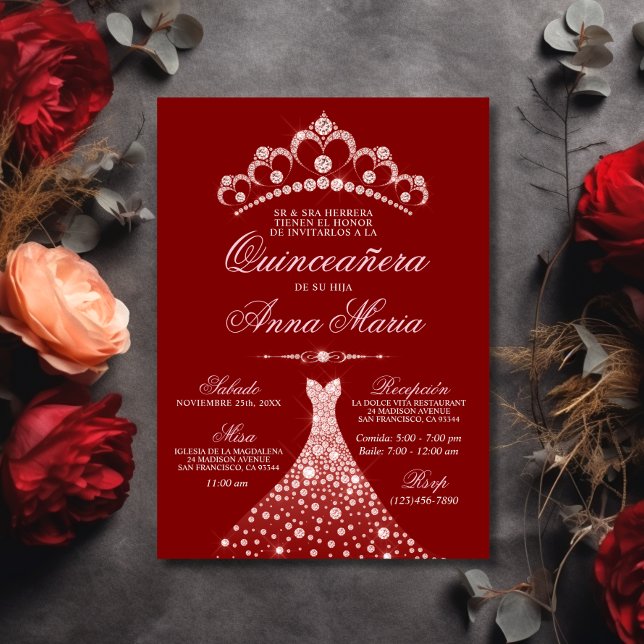 Elegant Spanish Quinceañera Mis Quince 15 | Red Invitation (Elegant Spanish Quinceañera Mis Quince 15  Red Invitation)