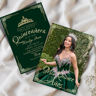 Elegant Spanish Quinceañera Mis Quince Green Gold Invitation