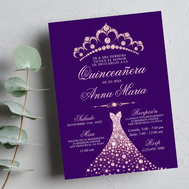 Elegant Spanish Quinceañera Mis Quince Purple Invitation (Creator Uploaded)