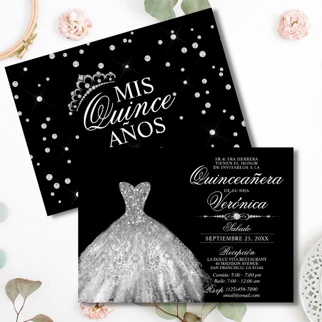 Elegant Spanish Quinceañera Mis Quince Silver Invitation (Creator Uploaded)