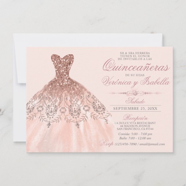 Elegant Spanish Quinceañera Quince Pink Rose Twins Invitation (Front)