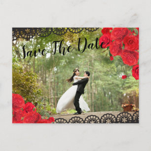 Elegant Spanish Red Rose & Black Save The Date Announcement Postcard