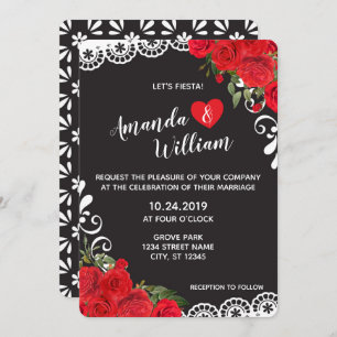 Elegant Spanish Red Rose & Lace Wedding Invitation