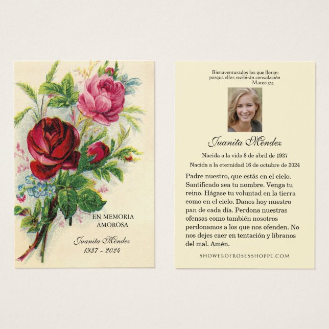 Elegant Spanish Roses Religious photo Prayer Card (Front & Back)