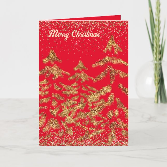 Elegant Spark Glam Golden Christmas Trees Holiday Card (Front)
