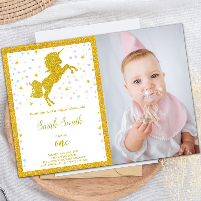 Elegant Sparkle Party for Girls Invitation (Golden Unicorn Birthday Invitations with photo)