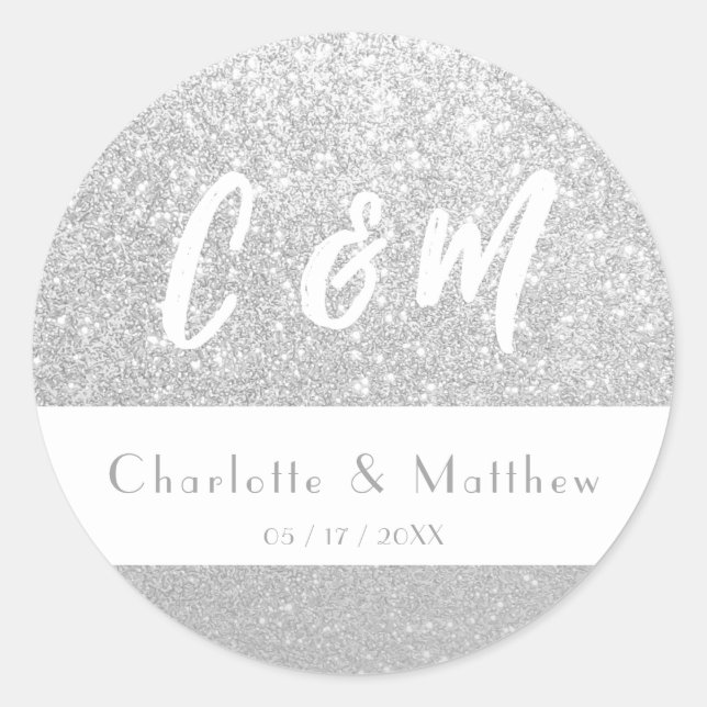 Elegant Sparkle Silver Glitter Wedding Classic Round Sticker (Front)