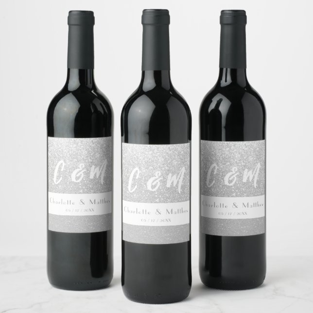 Elegant Sparkle Silver Glitter Wedding Wine Label (Bottles)