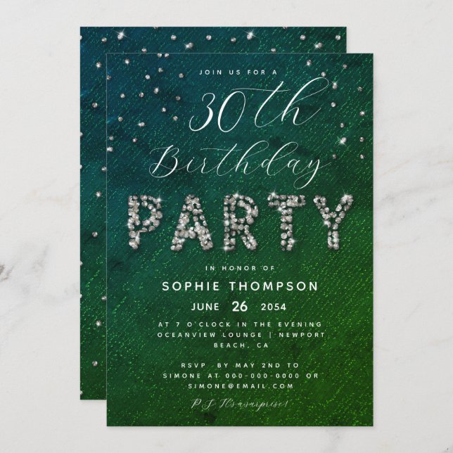 Elegant Sparkles Glitter Emerald Birthday Party Invitation (Front/Back)
