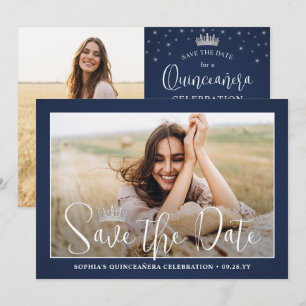 Elegant Sparkles Quinceañera 2 Photo Navy Blue Save The Date
