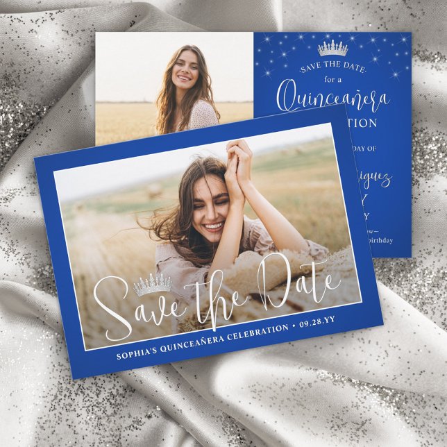 Elegant Sparkles Quinceañera 2 Photo Royal Blue Save The Date (Creator Uploaded)