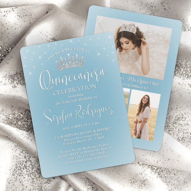 Elegant Sparkles Quinceañera 3 Photo Light Blue Invitation (Creator Uploaded)