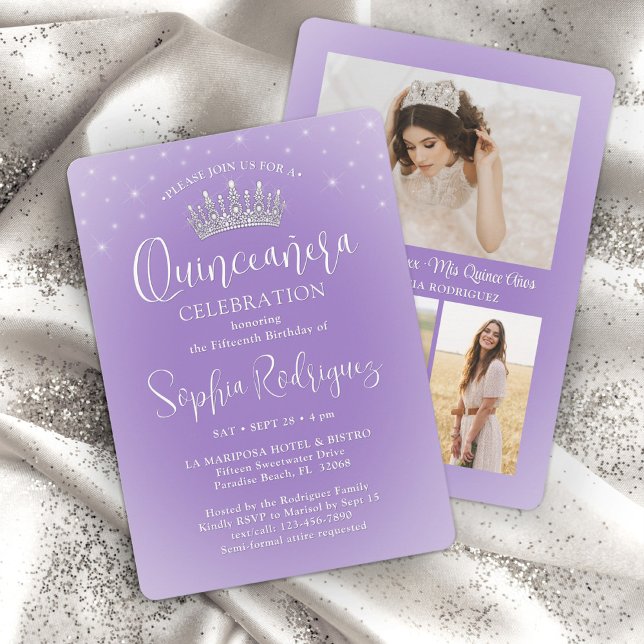 Elegant Sparkles Quinceañera 3 Photo Lilac Purple Invitation (Creator Uploaded)