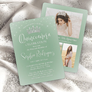 Elegant Sparkles Quinceañera 3 Photo Sage Green Invitation