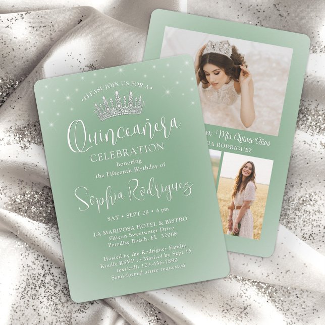 Elegant Sparkles Quinceañera 3 Photo Sage Green Invitation (Creator Uploaded)