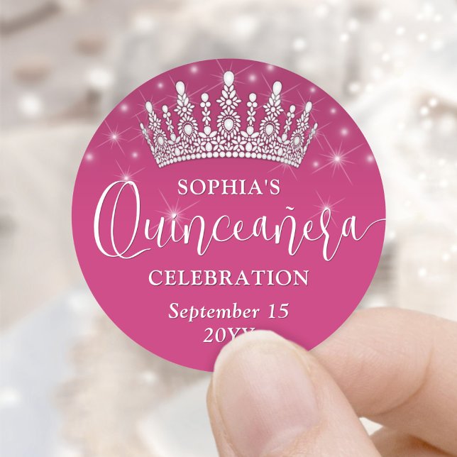 Elegant Sparkles Quinceañera Crown Fuschia Pink Classic Round Sticker (Creator Uploaded)