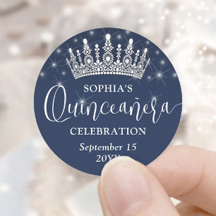 Elegant Sparkles Quinceañera Crown Navy Blue Classic Round Sticker