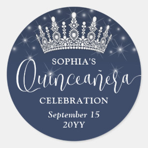 Elegant Sparkles Quinceañera Crown Navy Blue Classic Round Sticker