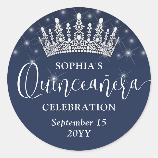 Elegant Sparkles Quinceañera Crown Navy Blue Classic Round Sticker (Front)