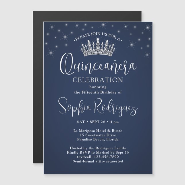 Elegant Sparkles Quinceañera Crown Navy Blue Magnetic Invitation (Front/Back)