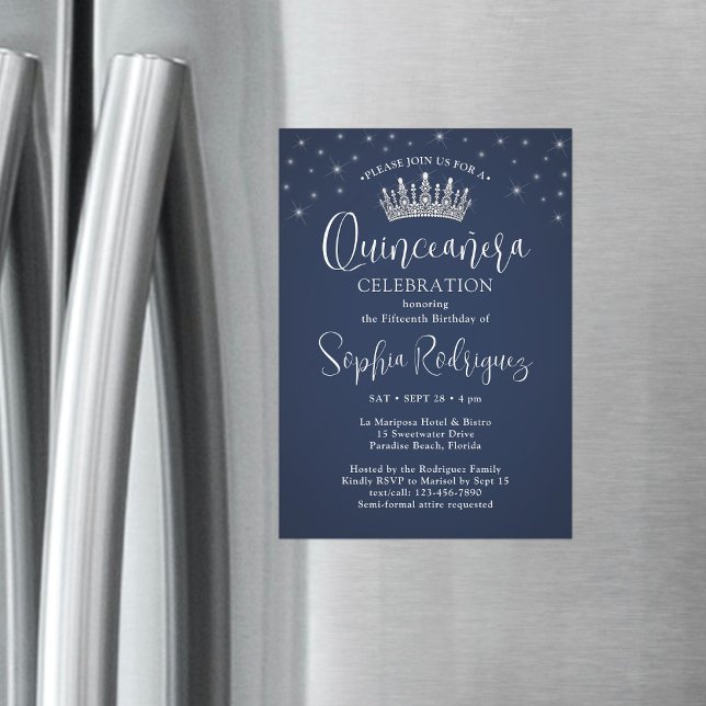 Elegant Sparkles Quinceañera Crown Navy Blue Magnetic Invitation (Creator Uploaded)