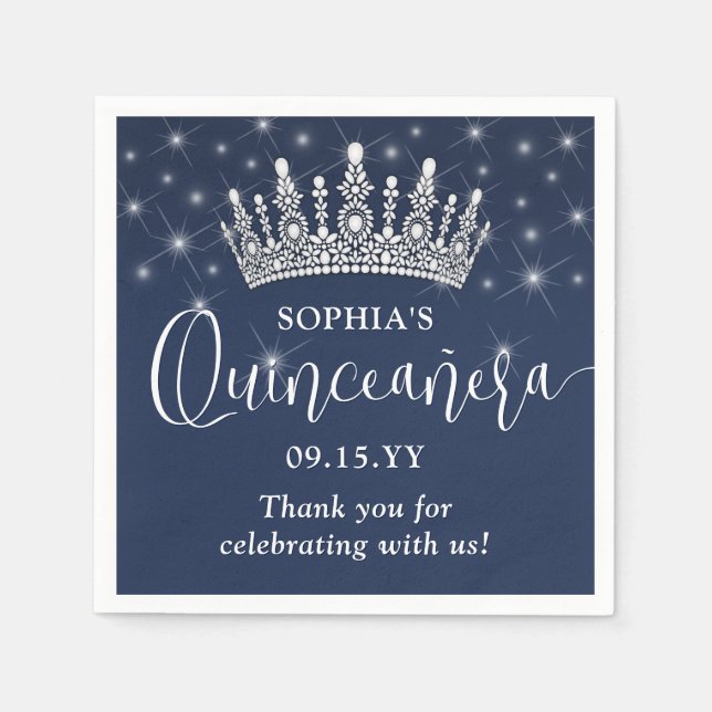 Elegant Sparkles Quinceañera Crown Navy Blue Napkin (Front)