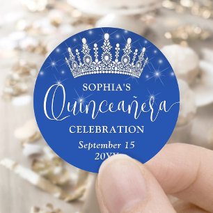 Elegant Sparkles Quinceañera Crown Royal Blue Classic Round Sticker