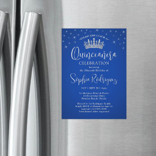 Elegant Sparkles Quinceañera Crown Royal Blue Magnetic Invitation