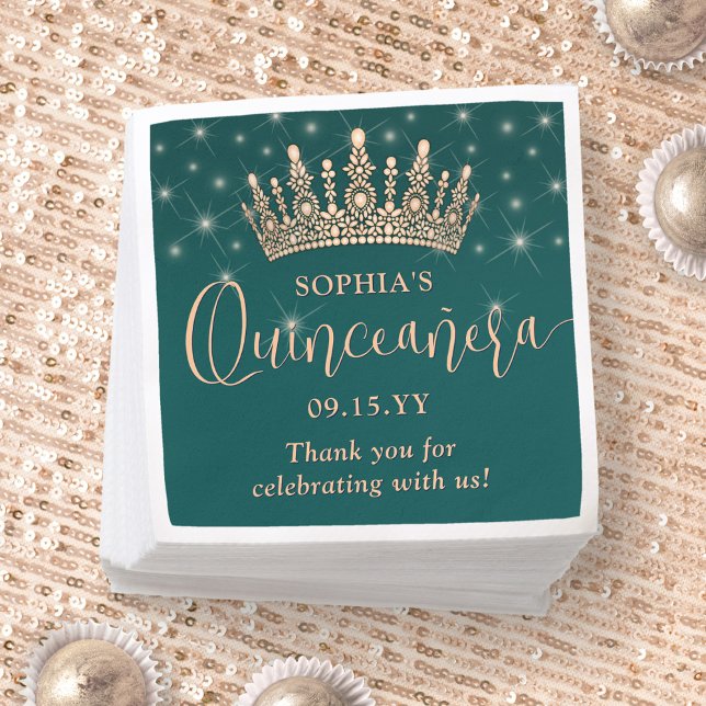 Elegant Sparkles Rose Gold Quinceañera Crown Green Napkin (Creator Uploaded)