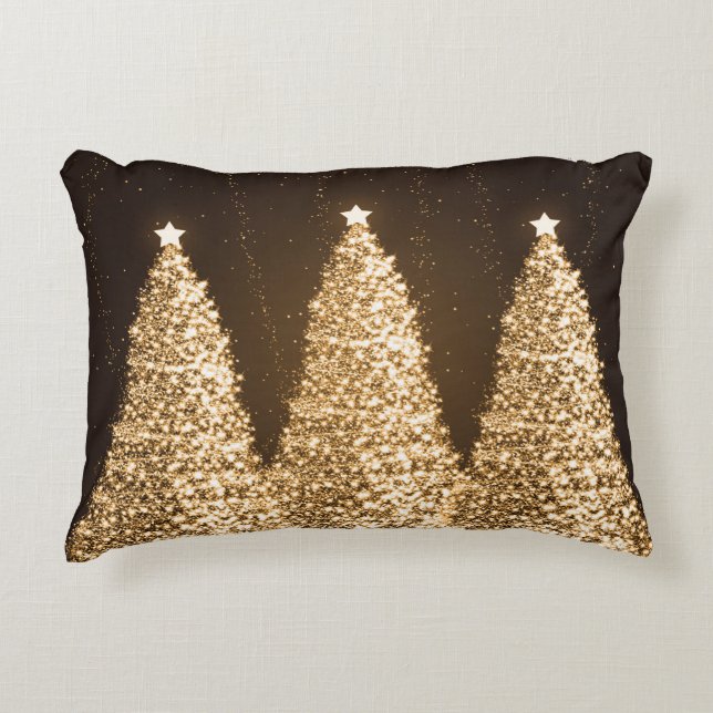 Elegant Sparkling Christmas Trees Gold Brown Decorative Cushion (Front)