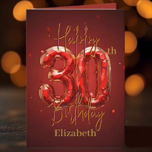Elegant Sparkling Gems Red and Gold 30th Birthday Card