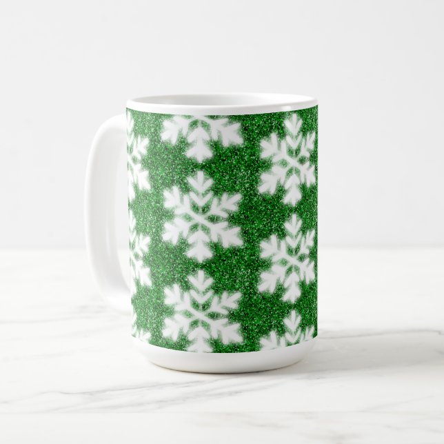 Elegant sparkling glitter green frosty snowflake coffee mug (Front Left)