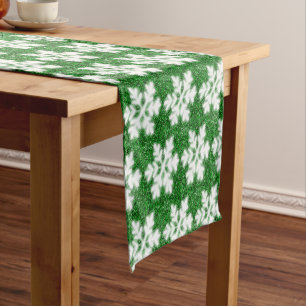 Elegant sparkling glitter green frosty snowflake short table runner