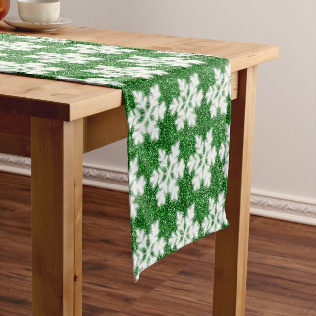 Elegant sparkling glitter green frosty snowflake short table runner (In Situ)