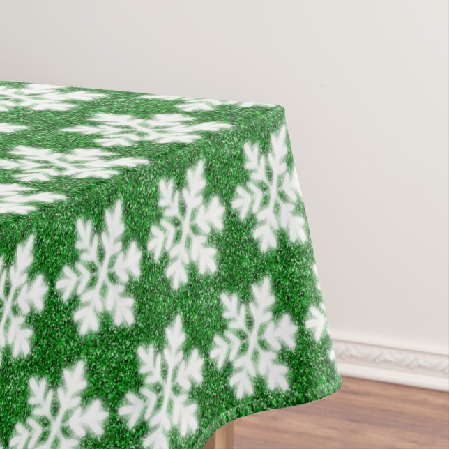 Elegant sparkling glitter green frosty snowflake tablecloth (In Situ)