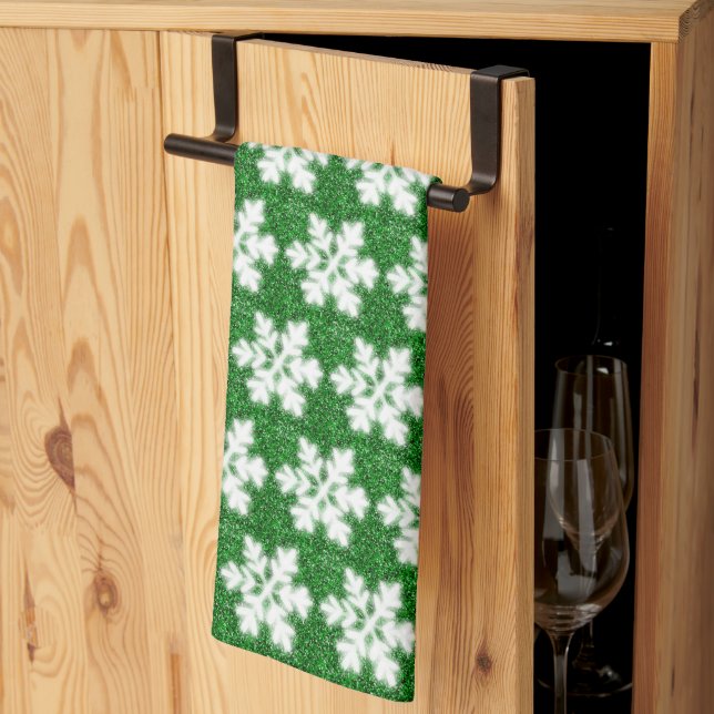 Elegant sparkling glitter green frosty snowflake tea towel (Thirds Fold)